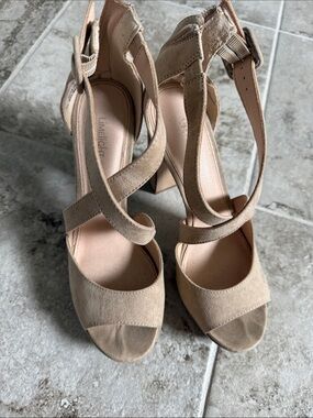Limelight Nude Suede Crisscross Block Heel Sandals